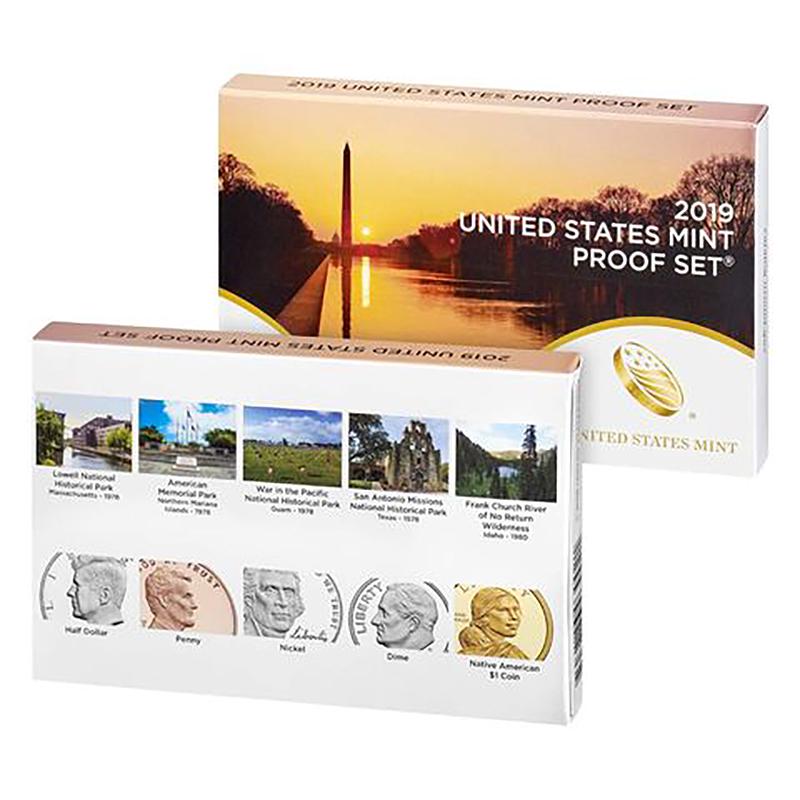 2019 Proof Set 10 pc.: 2019 Proof Set 10 pc. -- The proof set for 2019 includes a shield penny Jefferson nickel Roosevelt dime Kennedy half Sacagawea dollar featuring Mary Golda Ross and 5 America the Beautiful quarters (Ma