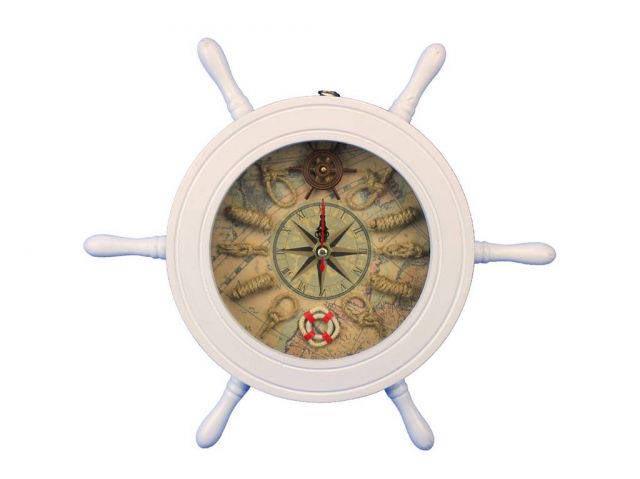 Wooden White Ship Wheel Knot Faced Clock 12in.: Wooden White Ship Wheel Knot Faced Clock 12in. -- The Wooden White Ship Wheel Knot Faced Clock 12in. is one of our most popular decorative clocks.Classy and functional this piece is sure to turn your 