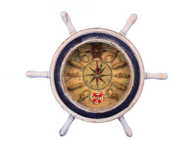 Wooden Rustic White Ship Wheel with Dark Blue Knot Face: Wooden Rustic White Ship Wheel with Dark Blue Knot Faced Clock 12in. -- The Wooden Rustic White Ship Wheel with Dark Blue Knot Faced Clock 12in. is one of our most popular decortive clocks.?Classy and