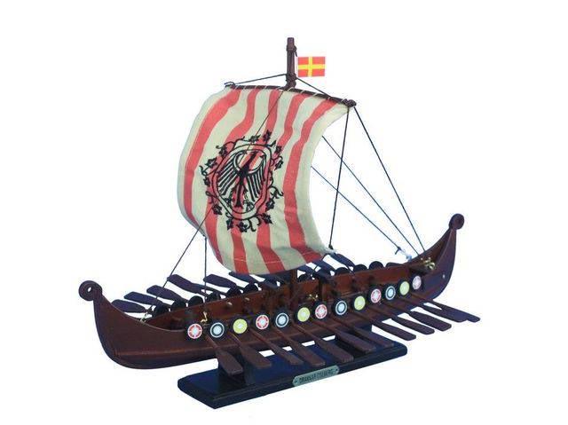 Wooden Viking Drakkar with Embroidered Raven Limited Mo: Wooden Viking Drakkar with Embroidered Raven Limited Model Boat 14in. -- Weight:?1 LB Box Dimensions:?18in. x 8in. x 9in. (L x W x H) #21ST30061