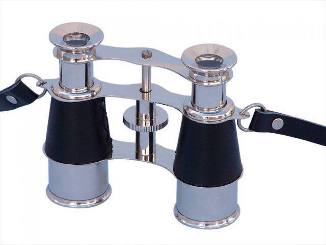 Scouts Chrome and Leather Binoculars 4in.: Scouts Chrome and Leather Binoculars 4in. -- The Hampton Nautical small and powerful 4? chrome binoculars are a pocket sized nautical treasure. These binoculars have in-line prisms for improved field 