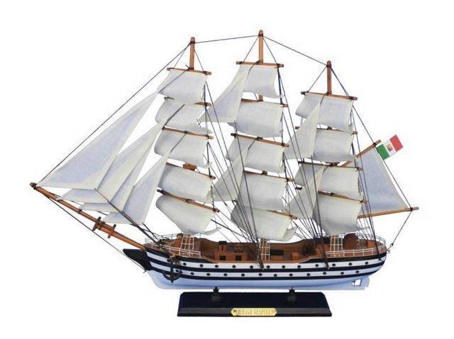 Wooden Amerigo Vespucci 24in. Tall Model Ship: Wooden Amerigo Vespucci 24in. Tall Model Ship -- Perfectly sized for any small shelf desk or mantle these fine tall ship models of the?Amerigo Vespucci?are historically accurate scale model replicas o
