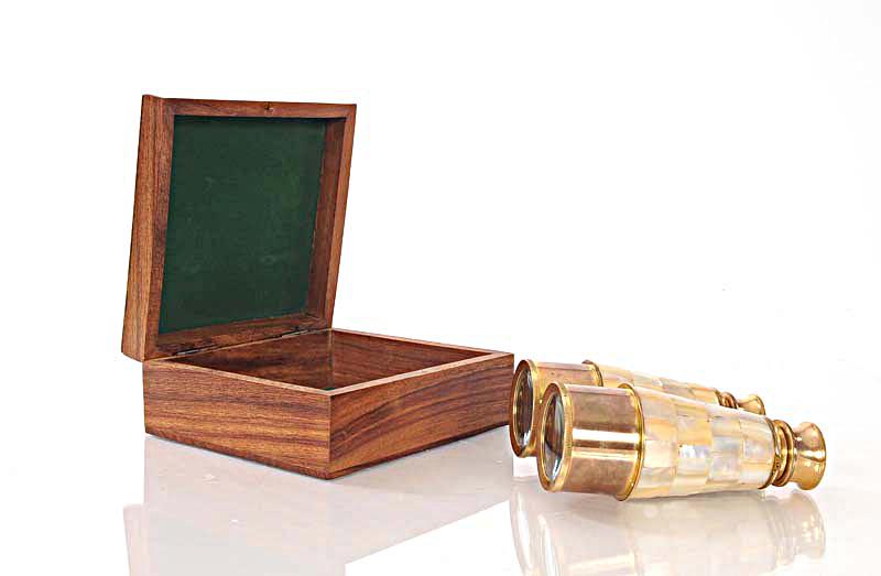 Binocular w MOP overlay in wood box: Binocular w MOP overlay in wood box -- This binocular is made of high quality brass and mother of pearl. Each component is crafted with the finest craftsmanship. Available in a golden brass finish and