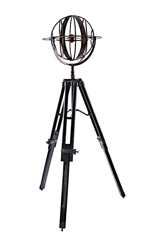 BRASS ARMILLARY BA WITH COFFEE WDN STAND BA FINIS: BRASS ARMILLARY BA WITH COFFEE WDN STAND BA FINIS -- A brass armillary sundial atop an adjustable stand is the perfect antique piece. The sphere includes a band etched with zodiac signs held up by fou