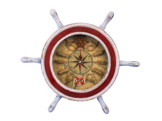 Wooden Rustic White and Red Ship Wheel Knot Faced Clock: Wooden Rustic White and Red Ship Wheel Knot Faced Clock 12in. -- The Rustic White and Red Ship Wheel Knot Faced Clock 12in. is one of our most popular decortive clocks.?Classy and functional this piec