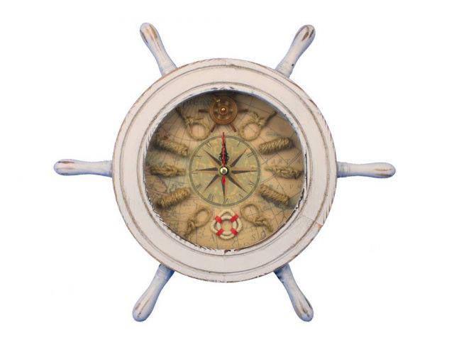Wooden Whitewashed Ship Wheel Knot Faced Clock 12in.: Wooden Whitewashed Ship Wheel Knot Faced Clock 12in. -- The Wooden Whitewashed Ship Wheel Knot Faced Clock 12in. is one of our most popular decorative clocks.Classy and functional this piece is sure t