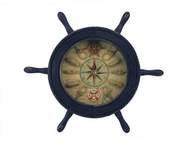 Wooden Rustic Dark Blue Ship Wheel Knot Faced Clock 12i: Wooden Rustic Dark Blue Ship Wheel Knot Faced Clock 12in. -- The Wooden Rustic Dark Blue Ship Wheel Knot Faced Clock 12in. is one of our most popular decortive clocks.?Classy and functional this piece