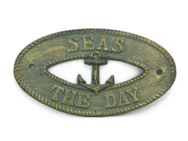 Antique Bronze Cast Iron Seas the Day with Anchor Sign: Antique Bronze Cast Iron Seas the Day with Anchor Sign 8in. -- Ideal for posting in any nautical themed room, this brilliant in. Antique Bronze Cast Iron Seas the Days with Anchor Sign 8in. clearly ge