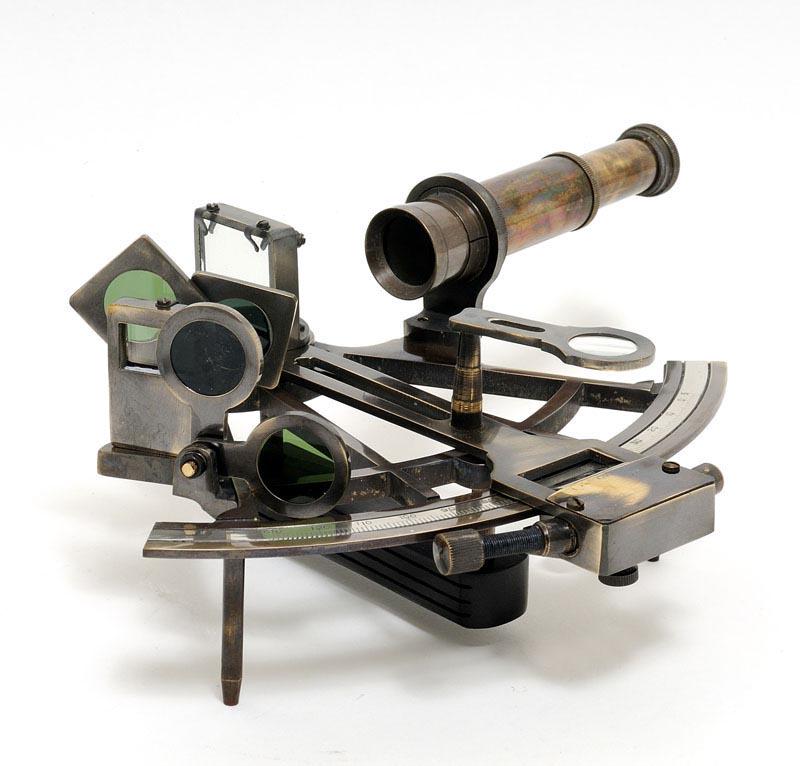 Nautical Sextant in leather case: Nautical Sextant in leather case -- This is a functional replica of the nautical sextant. It is made of high quality brass. Each component is crafted with finest craftsmanship. Using rack and pinion m