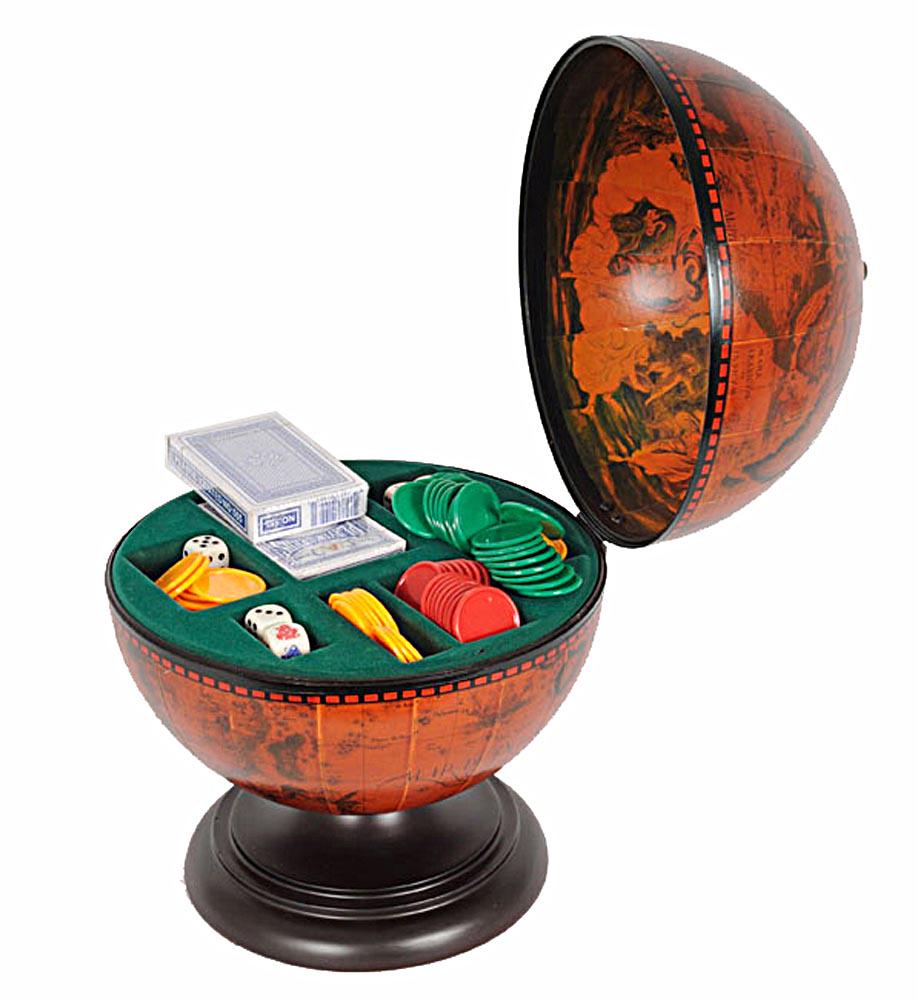 Globe Poker Set: Globe Poker Set -- This is a beautiful globe poker set. It?s handcrafted from solid wood with a felt interior. This globe poker set will add style and flair to any poker set up. This globe poker set c