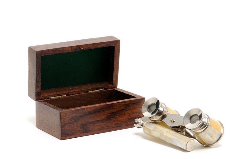 Opera glasses w MOP in wood box: Opera glasses w MOP in wood box -- This binocular is made from high quality brass. Each component is crafted with the finest craftsmanship. It comes with a telescope handle and has mother of pearl fin