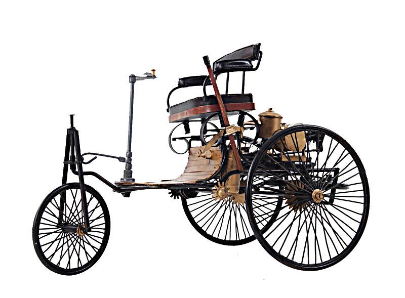 1886 YELLOW & BLACK BENZ CAR: 1886 YELLOW & BLACK BENZ CAR -- In July 1886, the German newspapers reported on the first public outing of the three-wheeled Benz Patent Motor Car, Model 1. Today, you can own this beautiful replica o
