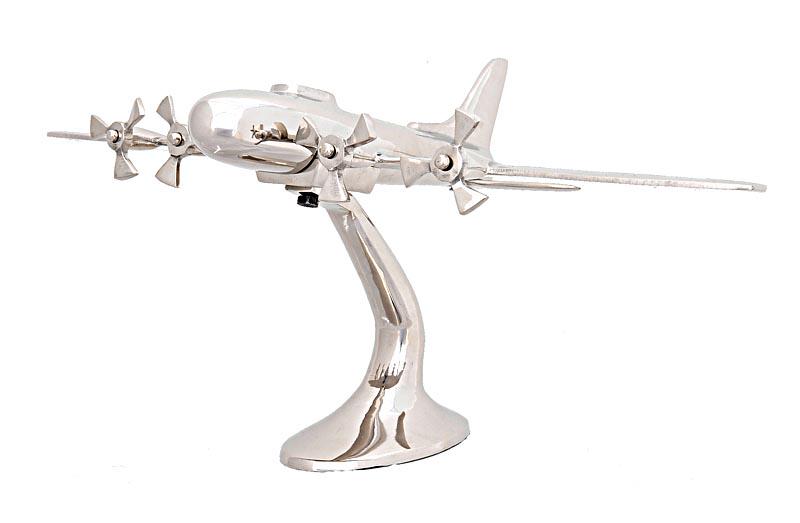 ALUM AEROPLANE NKL: ALUM AEROPLANE NKL -- Aluminum plane model emulating WWII planes. Includes front four propellers that spin upon touch. ? Made out of aluminum with a shiny nickel finish ? Propellers spin #21ST87589