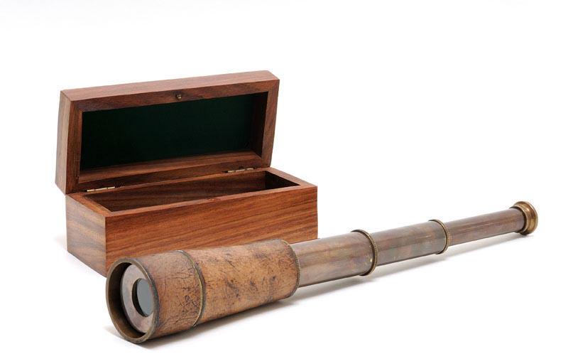 Handheld Telescope in wood box: Handheld Telescope in wood box -- This hand held telescope is made of high quality brass. Each component is crafted with the finest craftsmanship. It comes with antique looking leather overlay that pr