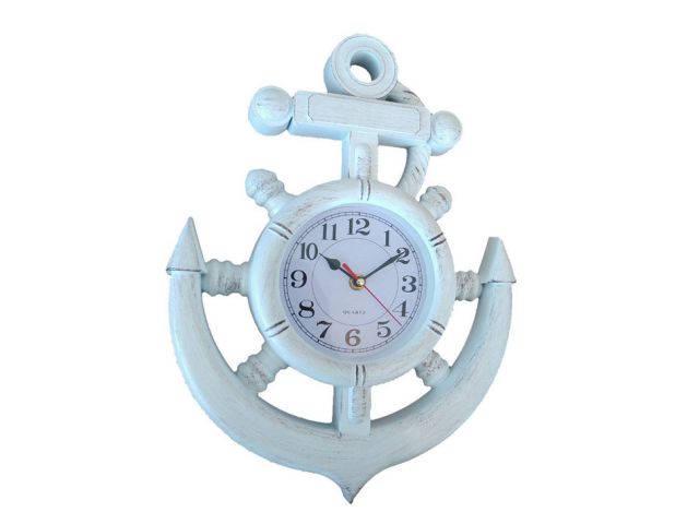 Whitewashed Ship Wheel and Anchor Wall Clock 15in.: Whitewashed Ship Wheel and Anchor Wall Clock 15in. -- Whitewashed Ship Wheel and Anchor Wall Clock 15in. #21ST19437