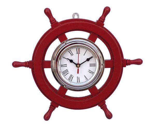 Deluxe Class Red Wood and Chrome Pirate Ship Wheel Cloc: Deluxe Class Red Wood and Chrome Pirate Ship Wheel Clock 12in. -- Deluxe Class Red Wood and Chrome Pirate Ship Wheel Clock 12in. #21ST42319