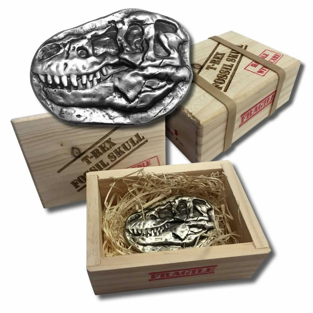 3 oz .999 Fine Silver - T-Rex Dinosaur Fossil Skull Bar: 3 oz .999 Fine Silver - T-Rex Dinosaur Fossil Skull Bar with Wood Crate -- 3 oz .999 Fine Silver - T-Rex Dinosaur Fossil Skull Bar with Wood Crate #21ST14304