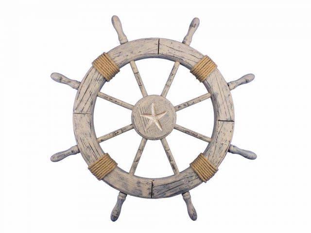 Wooden Rustic Decorative Ship Wheel With Starfish 30in.: Wooden Rustic Decorative Ship Wheel With Starfish 30in. -- Wooden Rustic Decorative Ship Wheel With Starfish 30in. #21ST42217