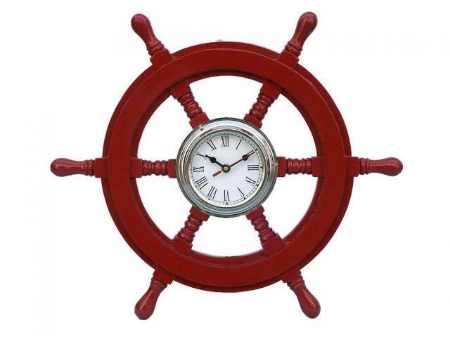 Deluxe Class Red Wood and Chrome Pirate Ship Wheel Cloc: Deluxe Class Red Wood and Chrome Pirate Ship Wheel Clock 18in. -- Deluxe Class Red Wood and Chrome Pirate Ship Wheel Clock 18in. #21ST43066