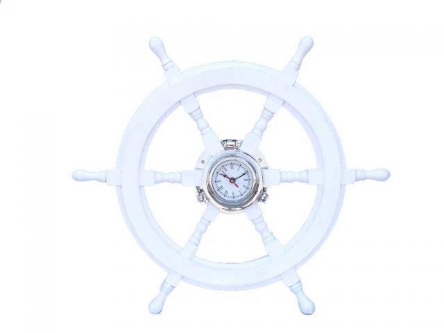 Deluxe Class White Wood and Chrome Pirate Ship Wheel Cl: Deluxe Class White Wood and Chrome Pirate Ship Wheel Clock 24in. -- Deluxe Class White Wood and Chrome Pirate Ship Wheel Clock 24in. #21ST43067
