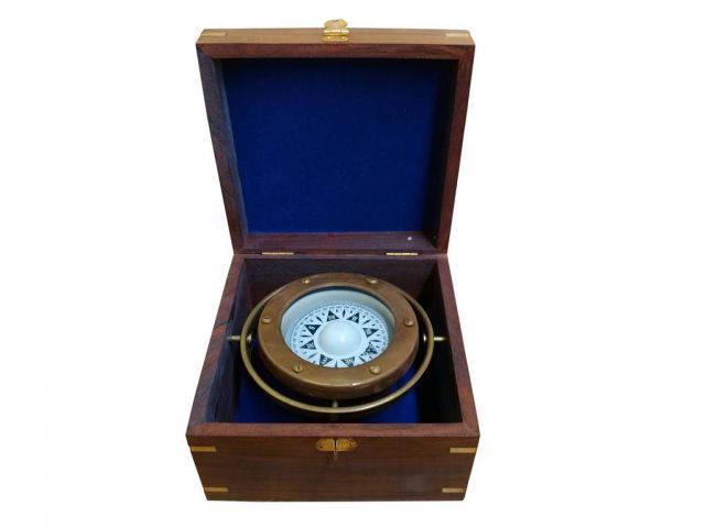 Antique Brass Gimbal Compass w/ Rosewood Box 5in.: Antique Brass Gimbal Compass w/ Rosewood Box 5in. -- Antique Brass Gimbal Compass w/ Rosewood Box 5in. #21ST43080