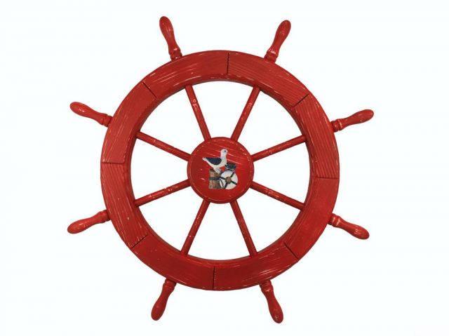 Wooden Rustic Red Decorative Ship Wheel With Seagull 30: Wooden Rustic Red Decorative Ship Wheel With Seagull 30in. -- Wooden Rustic Red Decorative Ship Wheel With Seagull 30in. #21ST42243