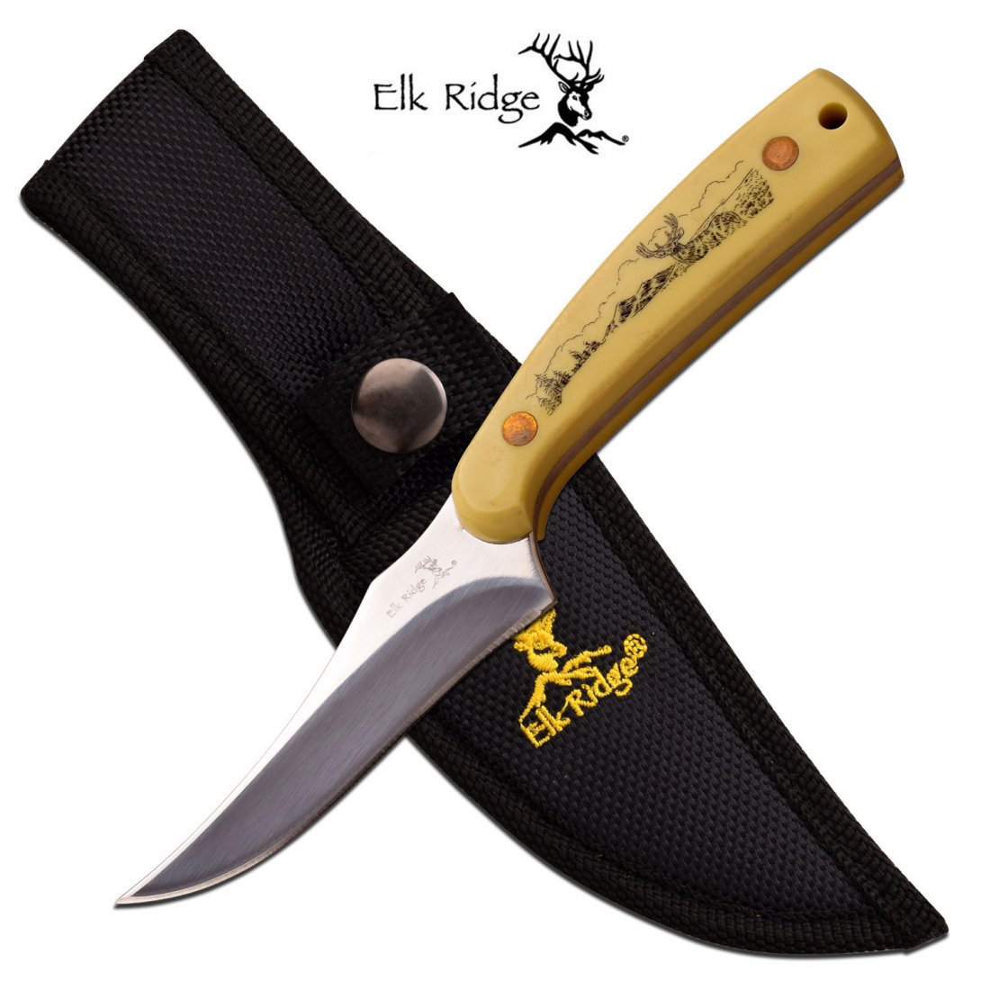 ELK RIDGE 7" FIXED BLADE KNIFE; BROWN HANDLE W/DEER PIC: ELK RIDGE 7" FIXED BLADE KNIFE; BROWN HANDLE W/DEER PIC **|**|** ELK RIDGE 7" FIXED BLADE KNIFE; BROWN HANDLE W/DEER PICTURE #75228v2