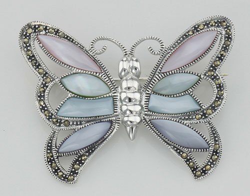 Marcasite Butterfly Pin / Brooch w/ Stones - Sterling S: Marcasite Butterfly Pin / Brooch w/ Stones - Sterling S **|**|** #P-1213 Metal : Sterling Silver | Stone : Marcasite, Mother of Pearl | Shape : Butterfly | Style : Pin | Height : 1 1/2 inches | Width 