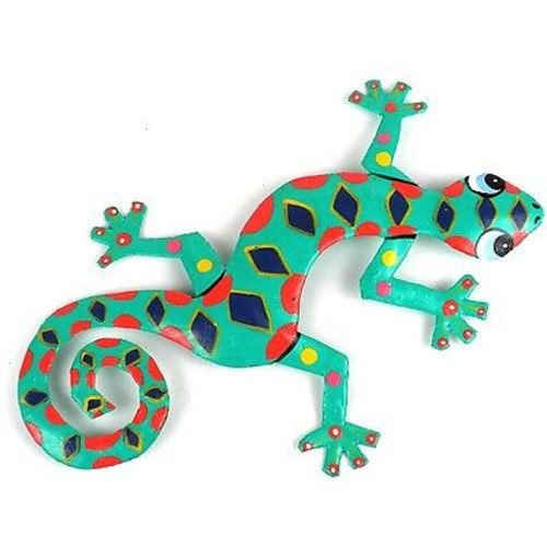 Eight Inch Spotted Metal Gecko - Caribbean Craft: Eight Inch Spotted Metal Gecko - Caribbean Craft **|**|** This gecko is handmade in Haiti from recycled oil drums. Each has a small hook to hang the piece and is painted with a bright colorful design