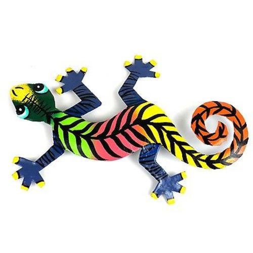 Eight Inch Striped Metal Gecko - Caribbean Craft: Eight Inch Striped Metal Gecko - Caribbean Craft **|**|** This gecko is handmade in Haiti from recycled oil drums. Each has a small hook to hang the piece and is painted with a bright colorful design