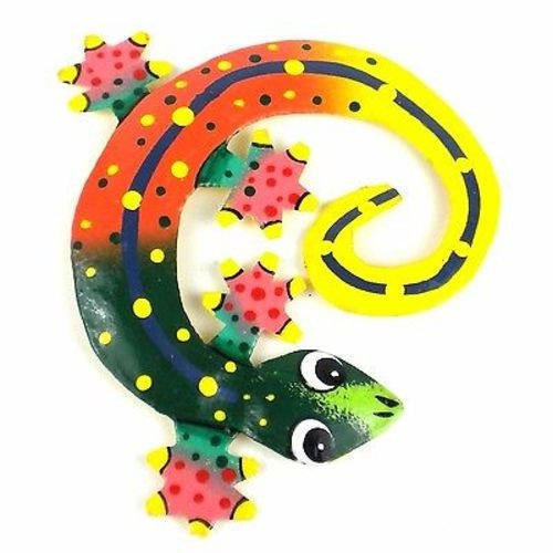 Hand Painted Round Metal Gecko Sunset Design - Caribbea: Hand Painted Round Metal Gecko Sunset Design - Caribbea **|**|** Hand-cut from steel drums by Haitian artisans #MDBE99-535016 #87212v2
