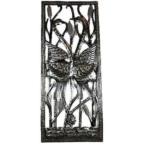 Two Cranes Through Window Metal Art - Croix des Bouquet: Two Cranes Through Window Metal Art - Croix des Bouquet **|**|** Hand-cut and embossed from steel drums by Haitian artisans #HMDWINC #86489v2
