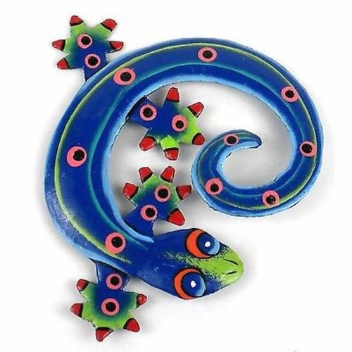 Hand Painted Round Metal Gecko Blue Green Design - Cari: Hand Painted Round Metal Gecko Blue Green Design - Cari **|**|** Hand-cut from steel drums by Haitian artisans #MDBE99-535015 #87213v2