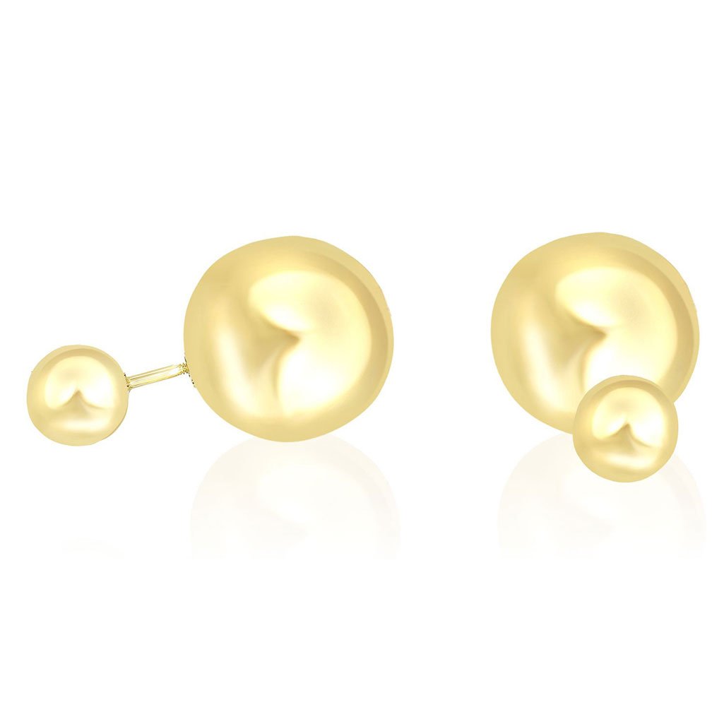 14K Yellow Gold Shiny Ball Design Double Sided Earrings: 14K Yellow Gold Shiny Ball Design Double Sided Earrings **|**|** Truly gorgeous in 14K yellow tone gold, these earrings showcase a stylish double sided design with shiny spheres in two darling sizes.