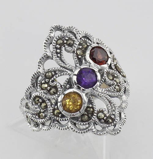 Antique Style Marcasite Multi-Stone Ring - Sterling Sil: Antique Style Marcasite Multi-Stone Ring - Sterling Sil **|**|** #R-407 Antique Style Sterling Silver Citrine Garnet and Amethyst Ring with Marcasite. This ring is new and a quality sterling silver an