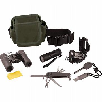 Classic Safari 6pc Hiking/Camping/Explorer Outdoor Kit: Classic Safari 6pc Hiking/Camping/Explorer Outdoor Kit **|**|** Set includes: waist pouch measuring 6-1/4" x 5-1/4" x 3", 8x21 binoculars with cleaning cloth, 9-bulb LED flashlight, 11-function surviv