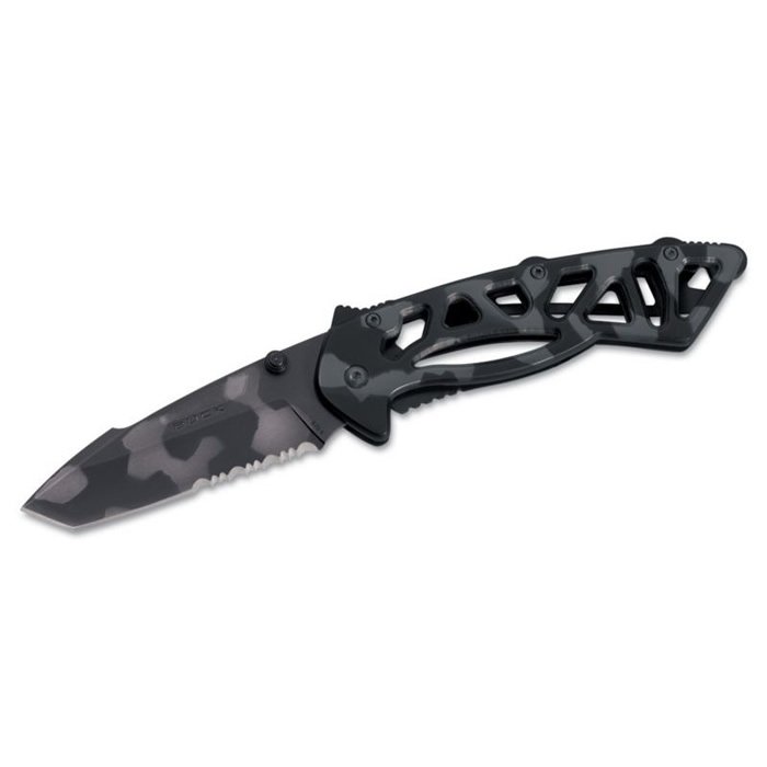 BUCK KNIVES Bones Tiger Stripe: BUCK KNIVES Bones Tiger Stripe **|**|** Lightweight, reliable and dual deployment options. This hightech frame-lock knife has a skeleton frame, a Tiger Stripe camo blade with a 2-hand deployment groov