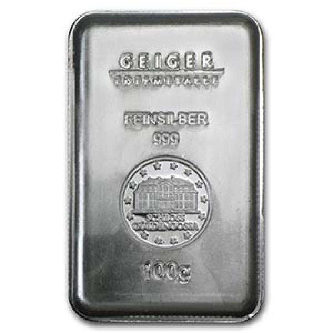 100 gram Silver Bar - Geiger (Security Line Series): 100 gram Silver Bar - Geiger (Security Line Series) **|**|** 100 gram Silver Bar - Geiger (Security Line Series) #74649v3 ***REPLACEMENT VALUE: $170 ***
