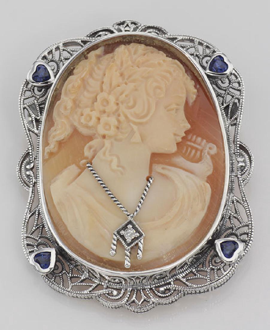 Victorian Style Hand Carved Italian Shell Cameo Diamond: Victorian Style Hand Carved Italian Shell Cameo Diamond **|**|** #FPN-209 Victorian Style Italian Shell Cameo Pin / Pendant, Handcarved in Italy with genuine diamond necklace. This lovely Italian Came