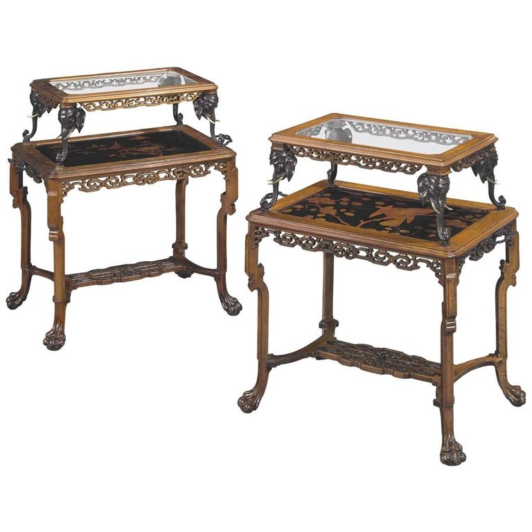 Pair of French Japonisme Bronze, Lacquer, & Hardwood Et: A rare pair of French Japonisme / Aesthetic Movement bronze, lacquer, and hardwood etageres tea tables, in the style of Gabriel Viardot, possibly retailed by L'escalier De Cristal Paris, circa 1890. E