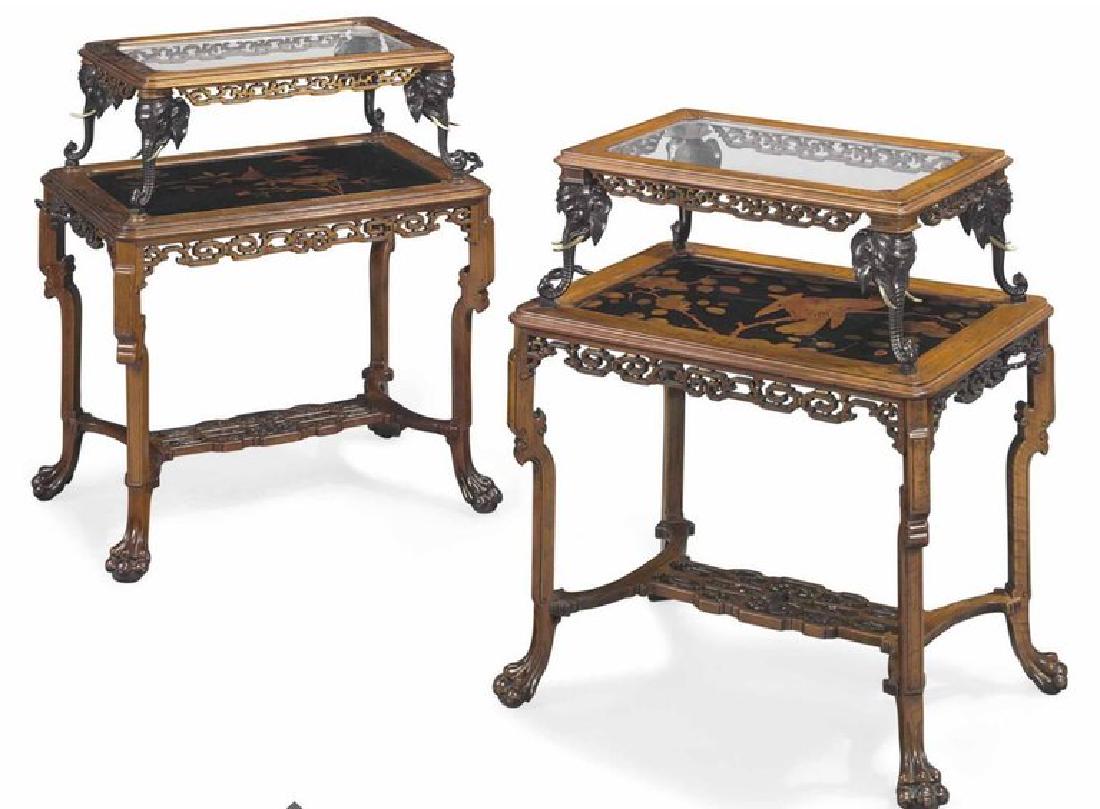 Pair of French Japonisme Bronze, Lacquer, & Hardwood Et: A rare pair of French Japonisme / Aesthetic Movement bronze, lacquer, and hardwood etageres tea tables, in the style of Gabriel Viardot, possibly retailed by L'escalier De Cristal Paris, circa 1890. E