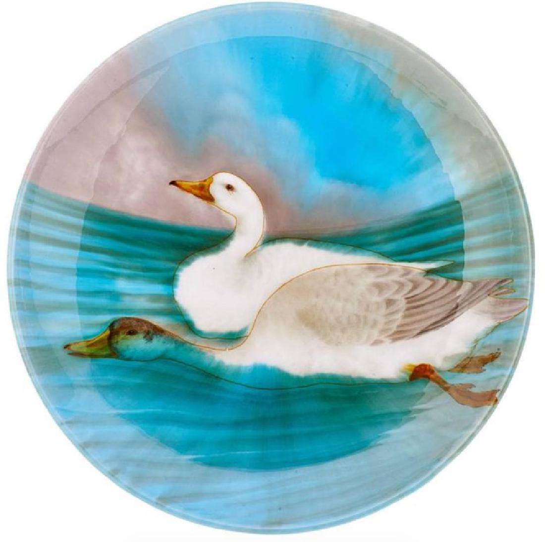 Large French Theodore Deck Faience Turquoise Ground Por: A large French Theodore deck faience turquoise ground charger plate, circa 1875, impressed TH.DECK. And bust medallion marks Large wall-hanging charger with geese in an aqua pond Glazed earthenware Me