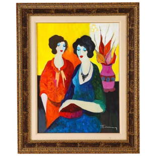 Itzchak Tarkay (Israel, 1935-2012) "Two Sisters" Oil on: Itzchak Tarkay (Israel, 1935-2012) "Two Sisters" Oil on Canvas Painting, Very beautiful and vibrant painting. Canvas size: 32" x 24" With Frame: 42" x 34" Itzchak Tarkay immigrated with his family fro