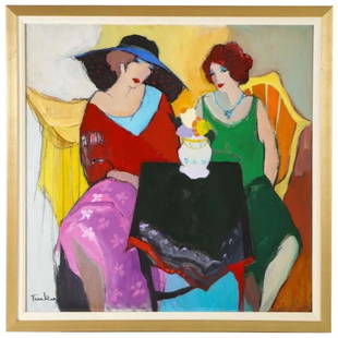 Itzchak Tarkay (Israel, 1935-2012) "Two Woman at A: Itzchak Tarkay (Israel, 1935-2012) "Two Woman at A Table" Oil on Canvas Painting, Very beautiful and vibrant painting. Canvas size: 40" x 40" With Frame: 42" x 42" Itzchak Tarkay immigrated with his f