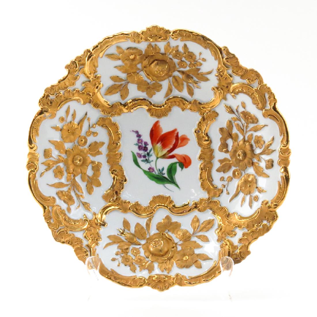 Vintage Meissen Gilt Porcelain Bowl. Hand decorated: Vintage Meissen Gilt Porcelain Bowl. Hand decorated with a gilt and floral motif. Signed with crossed swords mark with double slash. Good condition. Measures 11-3/4" Dia. Provenance: Property of Irvin