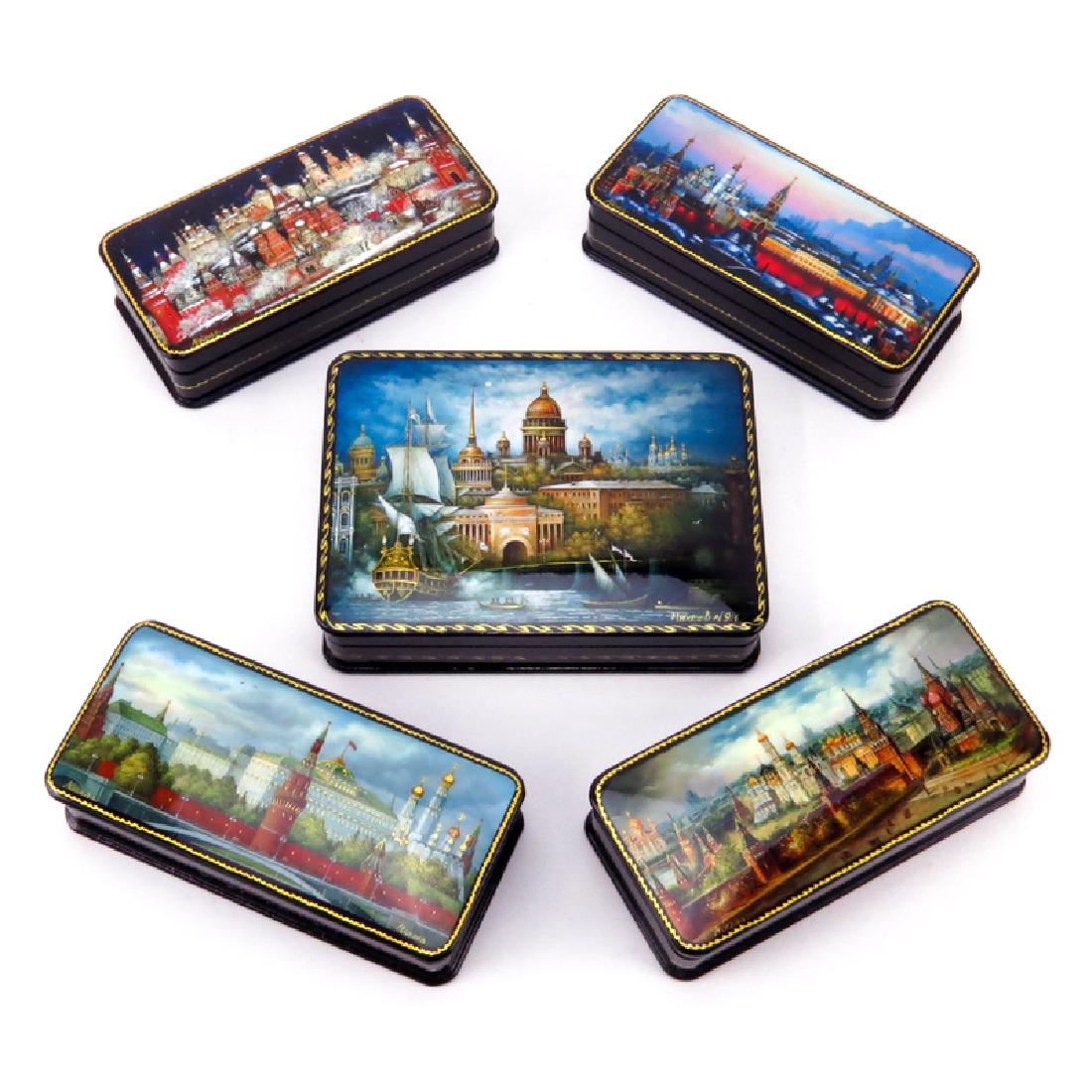 Collection of Five (5) Russian Lacquer Boxes. Signed. (1 of 5)