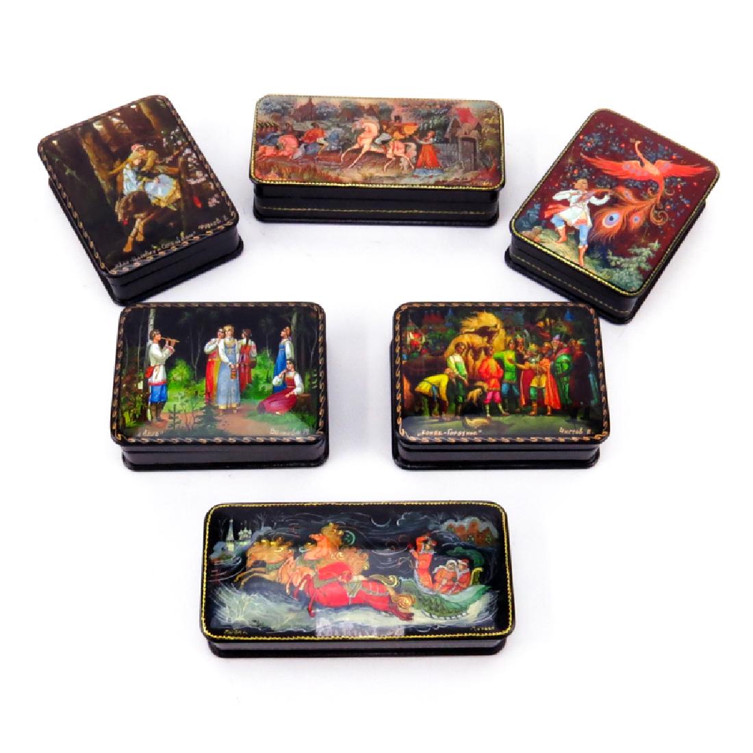 Collection of Six (6) Russian Lacquer Boxes. Signed. (1 of 5)