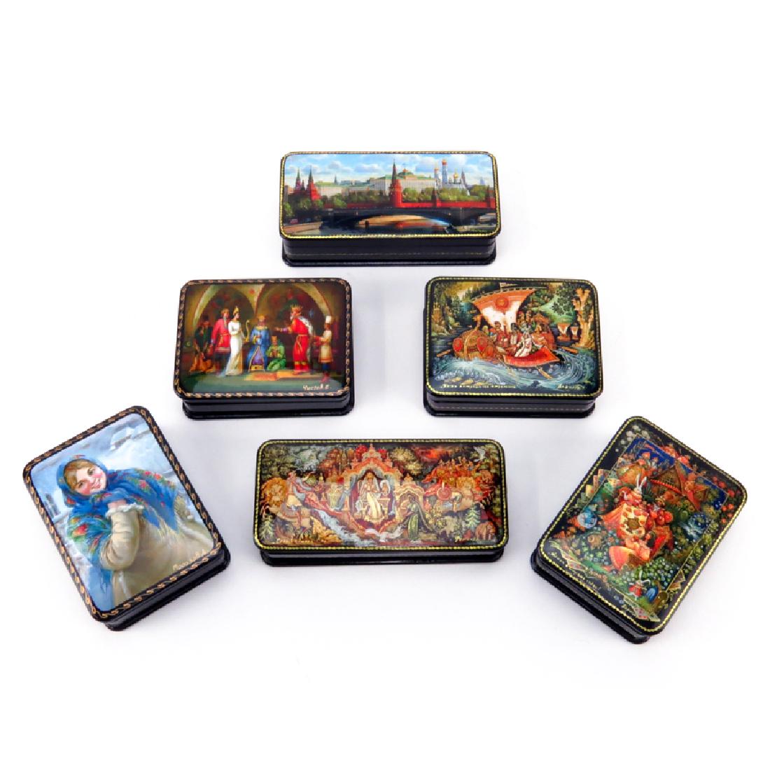 Collection of Six (6) Russian Lacquer Boxes. Signed. (1 of 5)
