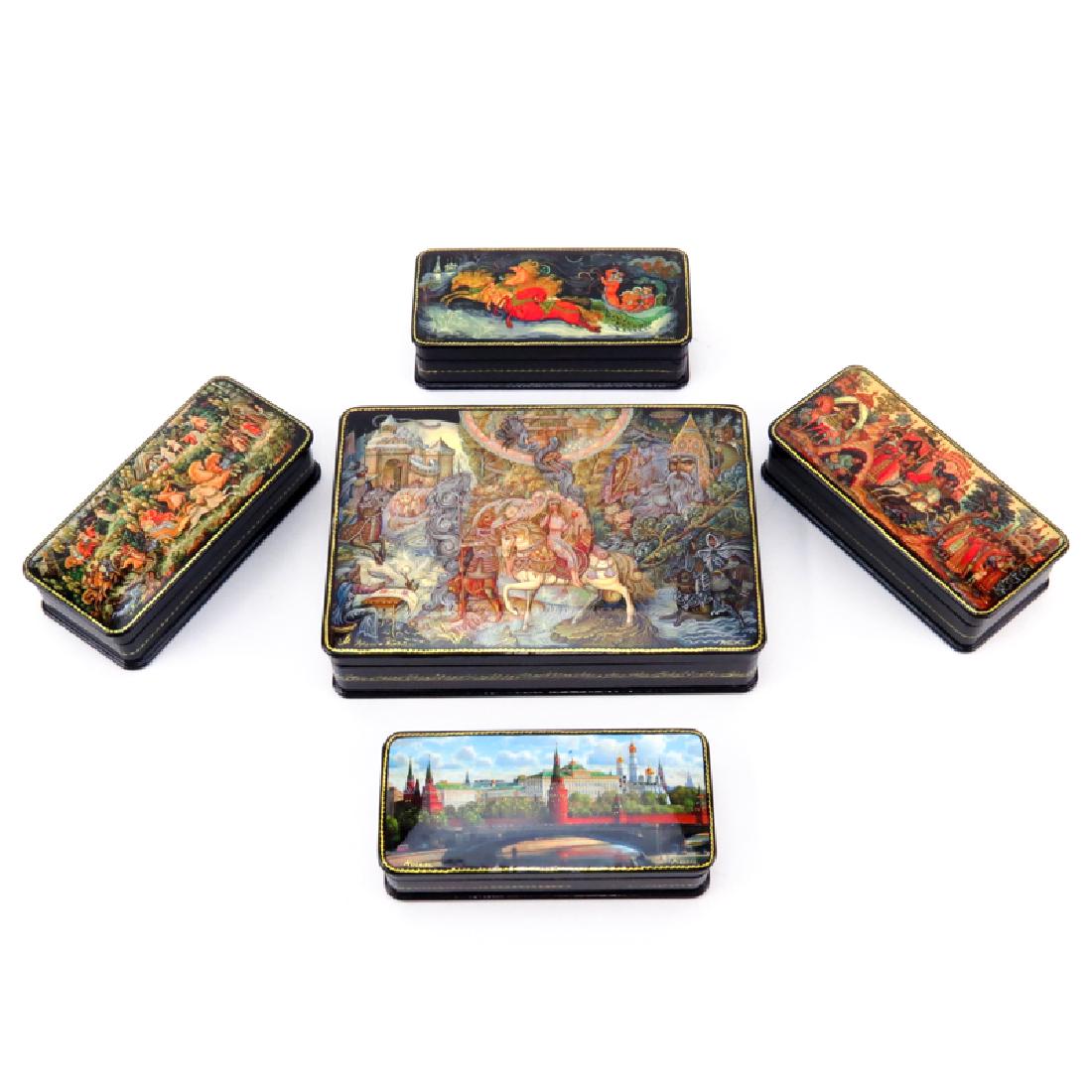 Collection of Five (5) Russian Lacquer Boxes. Signed. (1 of 6)