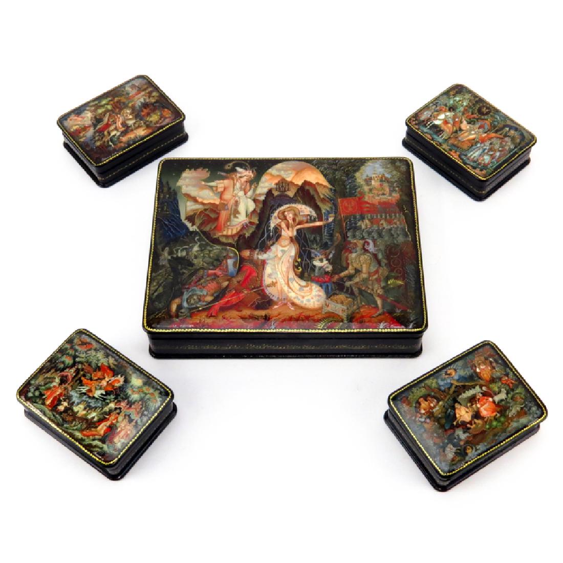 Large Russian Lacquer Box with Four (4) Smaller Boxes (1 of 3)